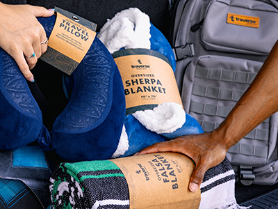 Traverse travel pillows, blankets and backpacks