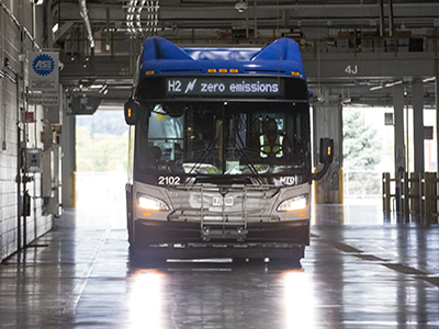 MTD hydrogen fuel cell bus leaving garage